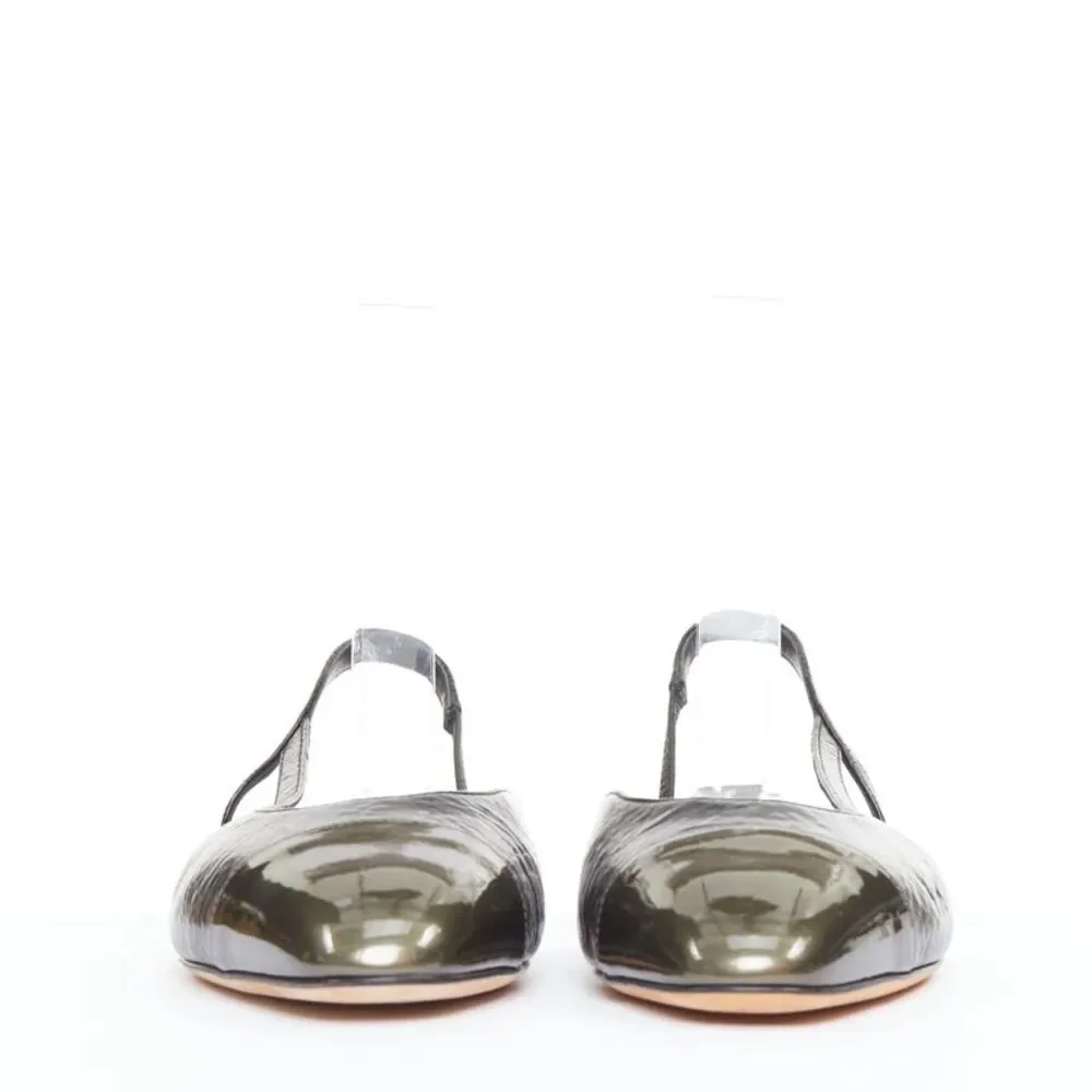 Chanel two tone gunmetal cap toe black leather flats